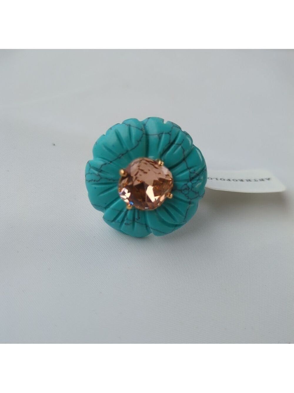 Anthropology 14k Gold Plated Floral Stone Ring Turquoise With Pink Crystal.  OS - Picture 3 of 7